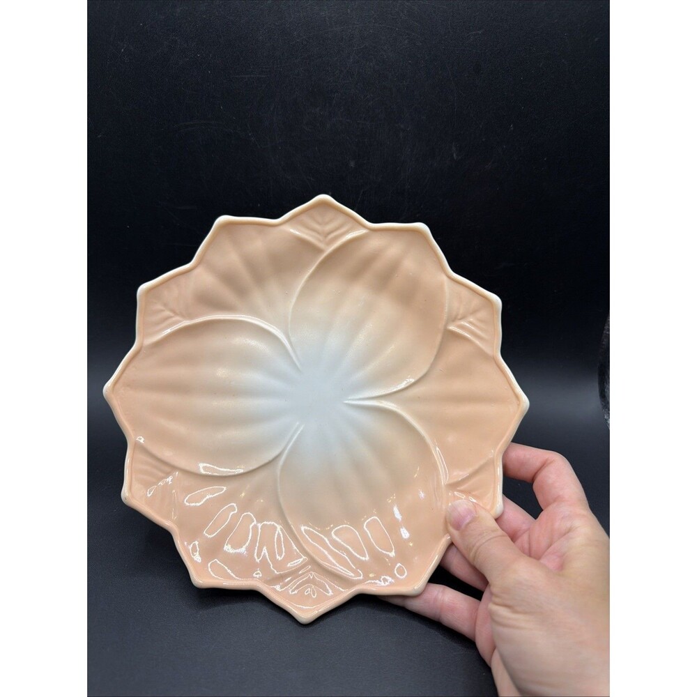 VTG FireKing Vitrock Leaf Shaped Peach Shade Ceramic Lotus 8in Dessert Plate